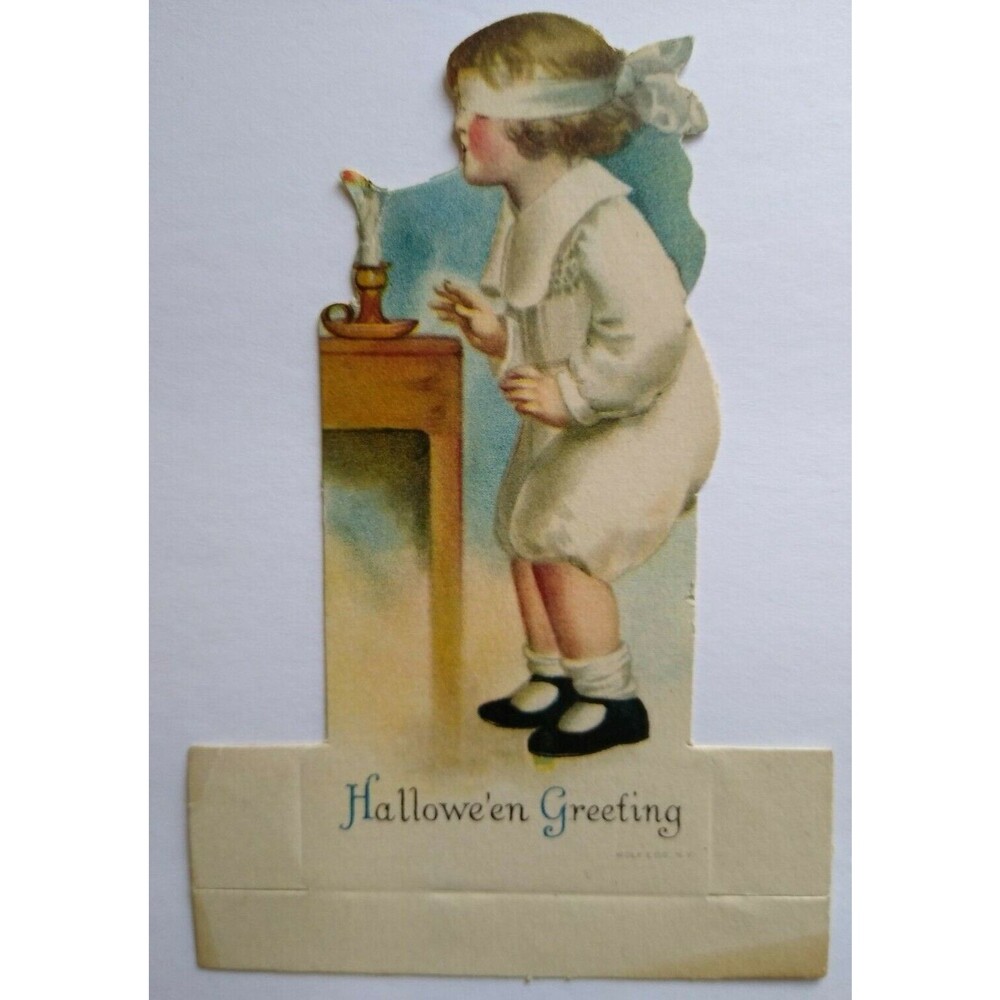 Halloween Diecut Place Card Ellen Clapsaddle Wolf Original  Blindfolded Girl - Picture 2 of 5